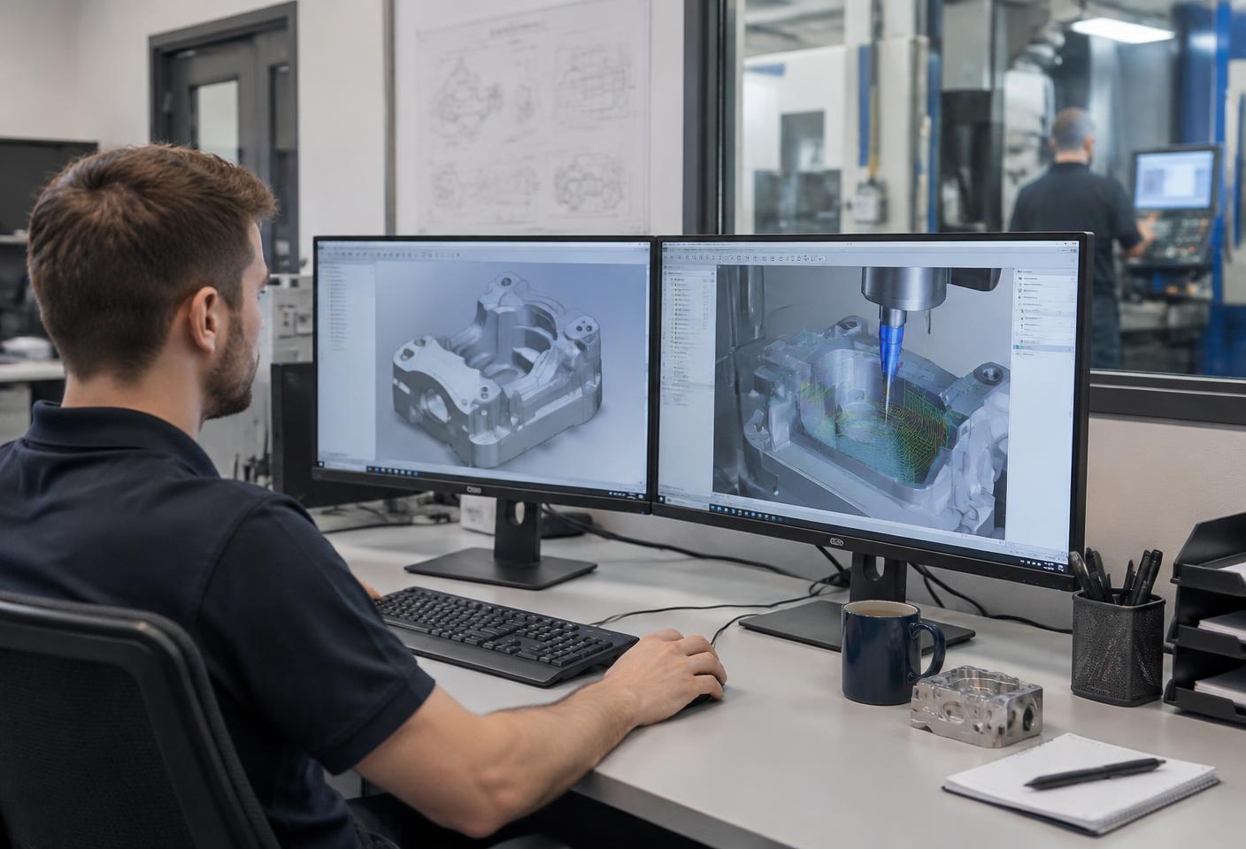 CNC programmer reviewing a multi-axis toolpath simulation